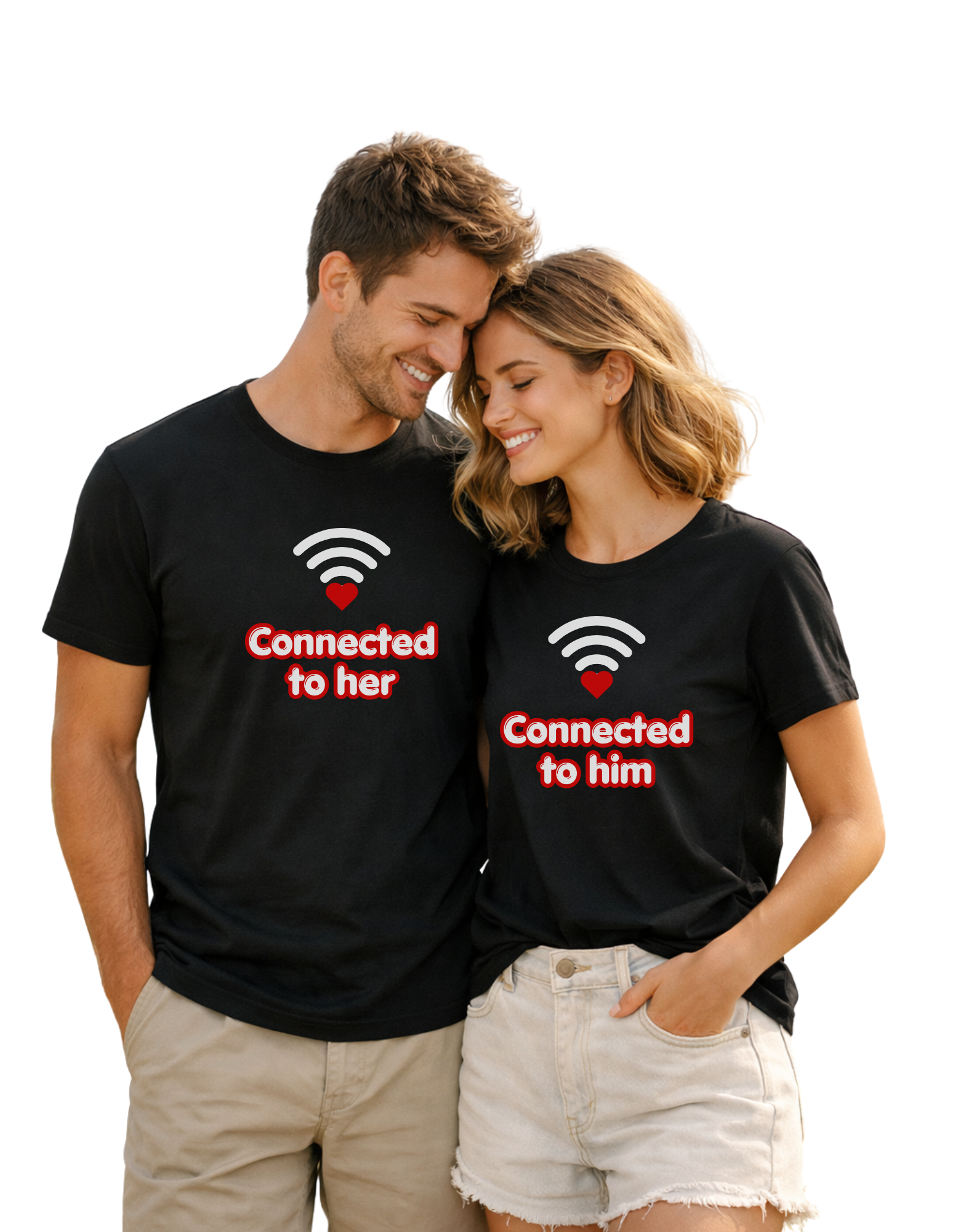Connected to Her Connected to Him Couple  Graphic T-Shirt – Unisex Cotton Tees