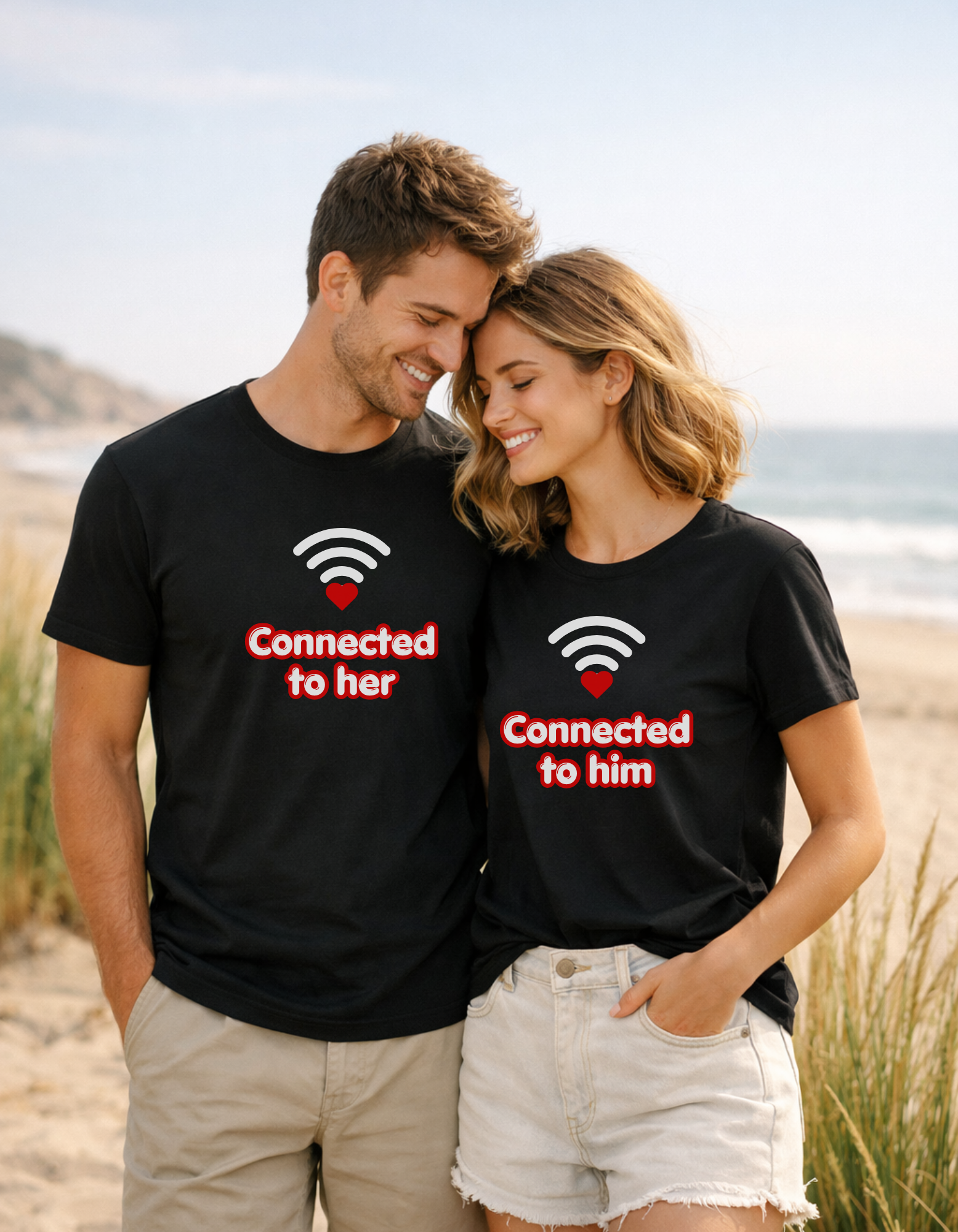Connected to Her Connected to Him Couple  Graphic T-Shirt – Unisex Cotton Tees